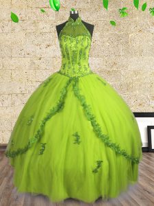 Tulle Halter Top Sleeveless Lace Up Beading Sweet 16 Dresses in Yellow Green