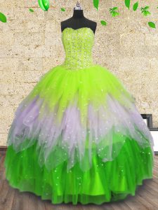 Vintage Tulle Sweetheart Sleeveless Lace Up Beading and Ruffles and Sequins 15th Birthday Dress in Multi-color