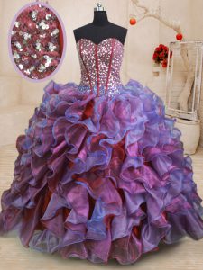 Fine Sleeveless Floor Length Beading and Ruffles Lace Up 15 Quinceanera Dress with Multi-color