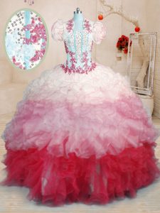 Deluxe Sleeveless Brush Train Beading and Appliques and Ruffles Lace Up Sweet 16 Quinceanera Dress