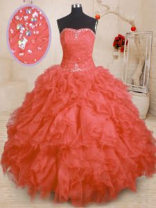 Colorful Orange Red Ball Gowns Beading and Ruffles and Ruching Quince Ball Gowns Lace Up Organza Sleeveless Floor Length