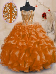 Shining Floor Length Orange Quinceanera Gown Organza Sleeveless Beading and Ruffles
