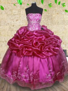 Exquisite Sleeveless Organza Floor Length Lace Up Sweet 16 Dresses in Fuchsia with Beading and Embroidery and Pick Ups