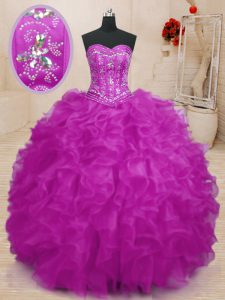 Fuchsia Sweetheart Lace Up Beading and Ruffles Quince Ball Gowns Sleeveless
