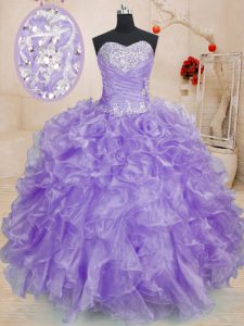 Floor Length Lace Up 15 Quinceanera Dress Lavender for Military Ball and Sweet 16 and Quinceanera with Beading and Ruffles