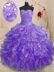 Affordable Lavender Ball Gowns Organza Sweetheart Sleeveless Beading and Ruffles Floor Length Lace Up Quinceanera Dresses
