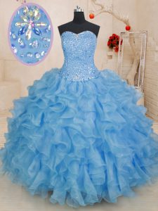 Free and Easy Sweetheart Sleeveless Lace Up Quinceanera Gown Blue Organza