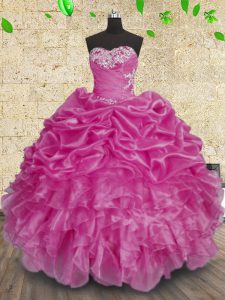 Sweetheart Sleeveless Quinceanera Gowns Floor Length Beading and Appliques and Ruffles and Ruching Fuchsia Organza