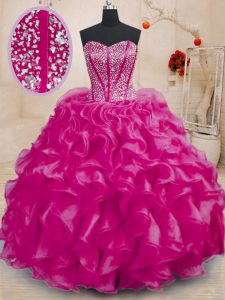 Best Fuchsia Ball Gowns Sweetheart Sleeveless Organza Floor Length Lace Up Beading and Ruffles 15th Birthday Dress