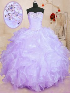 Exceptional Lavender Ball Gowns Sweetheart Sleeveless Organza Floor Length Lace Up Beading and Ruffles 15th Birthday Dress