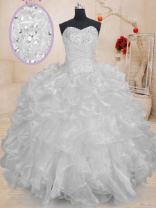 Fancy Floor Length White Quinceanera Gowns Sweetheart Sleeveless Lace Up