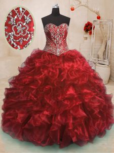 Chic Sleeveless Sweep Train Beading and Ruffles Lace Up Quince Ball Gowns