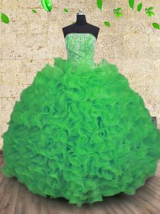 Green Organza Lace Up Sweet 16 Dress Sleeveless Floor Length Beading and Ruffles
