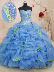 Blue Sleeveless Brush Train Beading and Ruffles With Train Quinceanera Gowns