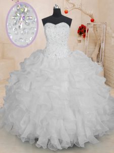 Sleeveless Organza Floor Length Lace Up 15 Quinceanera Dress in White with Beading and Ruffles