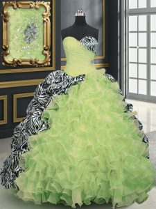 Modest Printed With Train Lace Up Vestidos de Quinceanera Yellow Green for Military Ball and Sweet 16 and Quinceanera with Beading and Ruffles and Pattern Brush Train