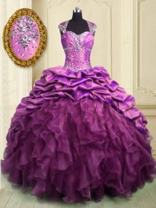 Flare Organza and Taffeta Cap Sleeves With Train Sweet 16 Dresses Brush Train and Beading and Ruffles and Ruffled Layers and Pick Ups