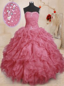 Pink Organza Lace Up 15th Birthday Dress Sleeveless Floor Length Beading and Ruffles and Ruching