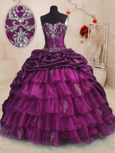 Low Price Purple Organza and Taffeta Lace Up Sweetheart Sleeveless With Train Sweet 16 Dresses Sweep Train Beading and Appliques and Ruffles and Pick Ups