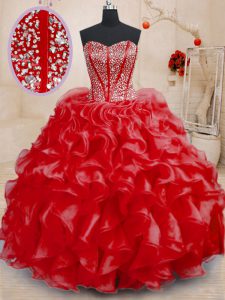 Fancy Red Lace Up Sweetheart Beading and Ruffles 15 Quinceanera Dress Organza Sleeveless