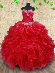 Attractive Red Sweetheart Lace Up Beading and Ruffles Quinceanera Dress Sleeveless