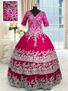 Romantic Red and Hot Pink Zipper Vestidos de Quinceanera Beading and Appliques and Ruffled Layers Half Sleeves Floor Length