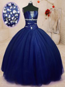 Edgy Strapless Sleeveless 15th Birthday Dress Floor Length Beading Royal Blue Tulle