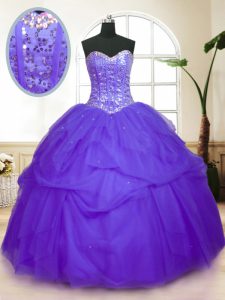 Beautiful Purple Ball Gowns Sweetheart Sleeveless Tulle Floor Length Lace Up Sequins and Pick Ups Quince Ball Gowns