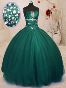 Ball Gowns Quince Ball Gowns Dark Green Strapless Tulle Sleeveless Floor Length Lace Up