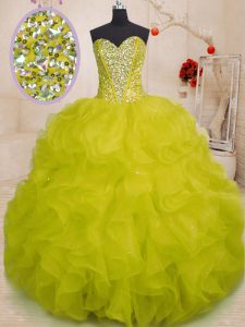 Pretty Organza Sweetheart Sleeveless Lace Up Beading and Ruffles Quinceanera Gowns in Yellow Green