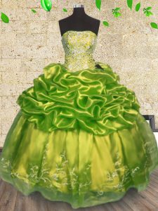 Custom Made Olive Green Quince Ball Gowns Military Ball and Sweet 16 and Quinceanera and For with Beading and Embroidery Strapless Sleeveless Lace Up
