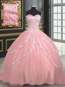 Pink Tulle Lace Up Sweet 16 Dress Sleeveless With Brush Train Beading and Appliques