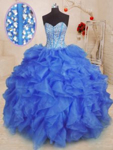 Attractive Organza Sweetheart Sleeveless Lace Up Beading and Ruffles 15th Birthday Dress in Royal Blue