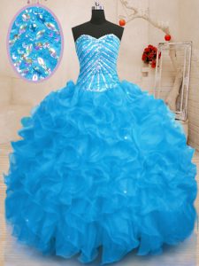 Luxurious Sequins Baby Blue Sleeveless Organza Lace Up Ball Gown Prom Dress for Military Ball and Sweet 16 and Quinceanera