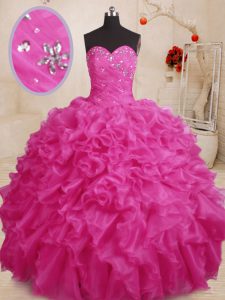 Modern Hot Pink Sweetheart Lace Up Beading and Ruffles Sweet 16 Dresses Sleeveless