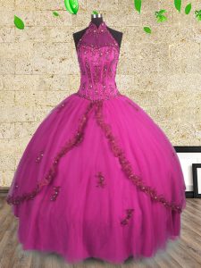 Flirting Fuchsia Halter Top Lace Up Beading Quinceanera Gown Sleeveless