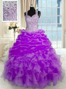 Lilac Sleeveless Floor Length Beading and Ruffles Zipper 15th Birthday Dress