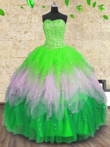 Attractive Multi-color Tulle Lace Up Quinceanera Dresses Sleeveless Floor Length Beading and Ruffles and Sequins