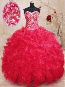 Traditional Coral Red Organza Lace Up Sweetheart Sleeveless Floor Length Sweet 16 Dress Beading and Ruffles and Sequins