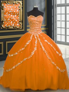 Brush Train Ball Gowns Quinceanera Dress Orange Sweetheart Tulle Sleeveless With Train Lace Up