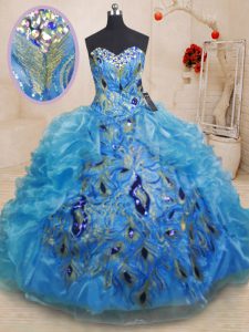 Custom Fit Baby Blue Ball Gowns Beading and Appliques and Ruffles Sweet 16 Dresses Zipper Organza Sleeveless Floor Length