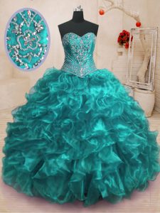 High End Sweep Train Ball Gowns 15th Birthday Dress Teal Sweetheart Organza Sleeveless With Train Lace Up
