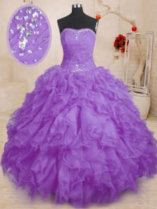 Lavender Vestidos de Quinceanera Military Ball and Sweet 16 and Quinceanera and For with Beading and Ruffles and Ruching Strapless Sleeveless Lace Up