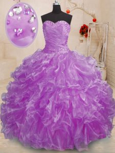 Organza Sweetheart Sleeveless Lace Up Beading and Ruffles Sweet 16 Dress in Purple