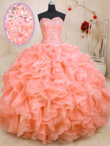 Best Floor Length Lace Up Sweet 16 Dresses Pink for Military Ball and Sweet 16 and Quinceanera with Beading and Ruffles