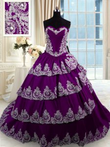 Custom Design Ruffled With Train Ball Gowns Sleeveless Purple 15 Quinceanera Dress Court Train Lace Up