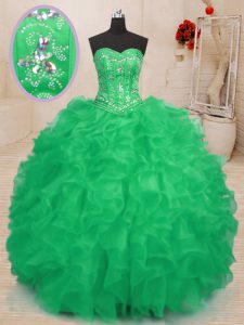 Teal and Green Sweetheart Neckline Beading and Ruffles 15th Birthday Dress Sleeveless Lace Up