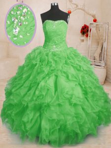 Deluxe Ball Gowns Organza Strapless Sleeveless Beading and Ruffles and Ruching Floor Length Lace Up Sweet 16 Dresses