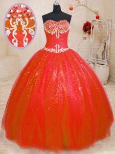 Floor Length Lace Up Quinceanera Gown Red for Military Ball and Sweet 16 and Quinceanera with Beading