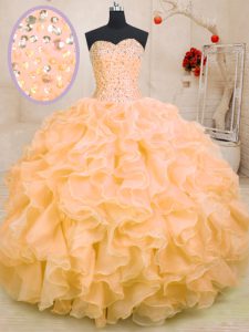 Artistic Orange Organza Lace Up Sweetheart Sleeveless Floor Length Quinceanera Gown Beading and Ruffles